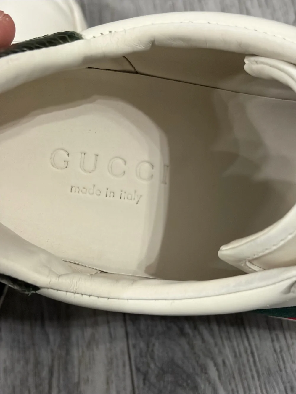 Gucci Ace White Leather Sneakers with Green & Red Stripe and Gold Bee